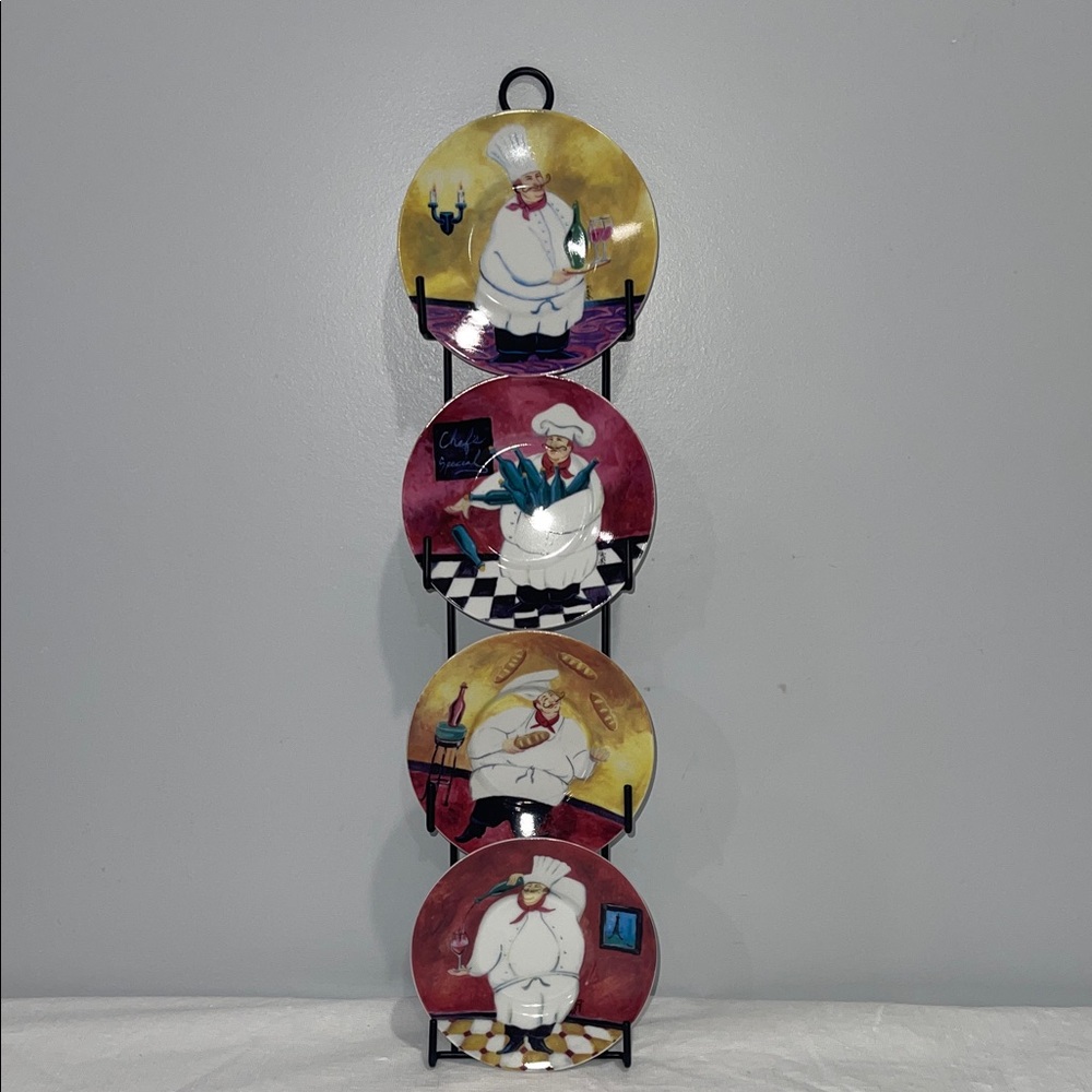 Kitchen Chef-Themed Decorative Plate Set with hanging rack set of 4 Elite Decor